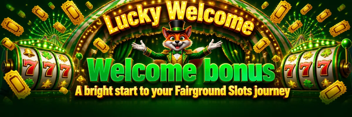 Neon green and yellow fairground ringmaster fox presenting glowing slot reels for a welcome bonus