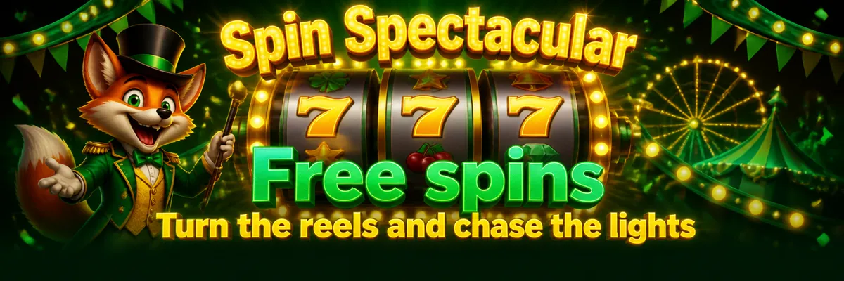 Fairground fox beside spinning neon reels and golden carnival lights promoting free spins